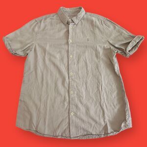 Allsaints Hermosa Taupe Cotton Linen Blend Short Sleeve Button-Up Shirt - Large